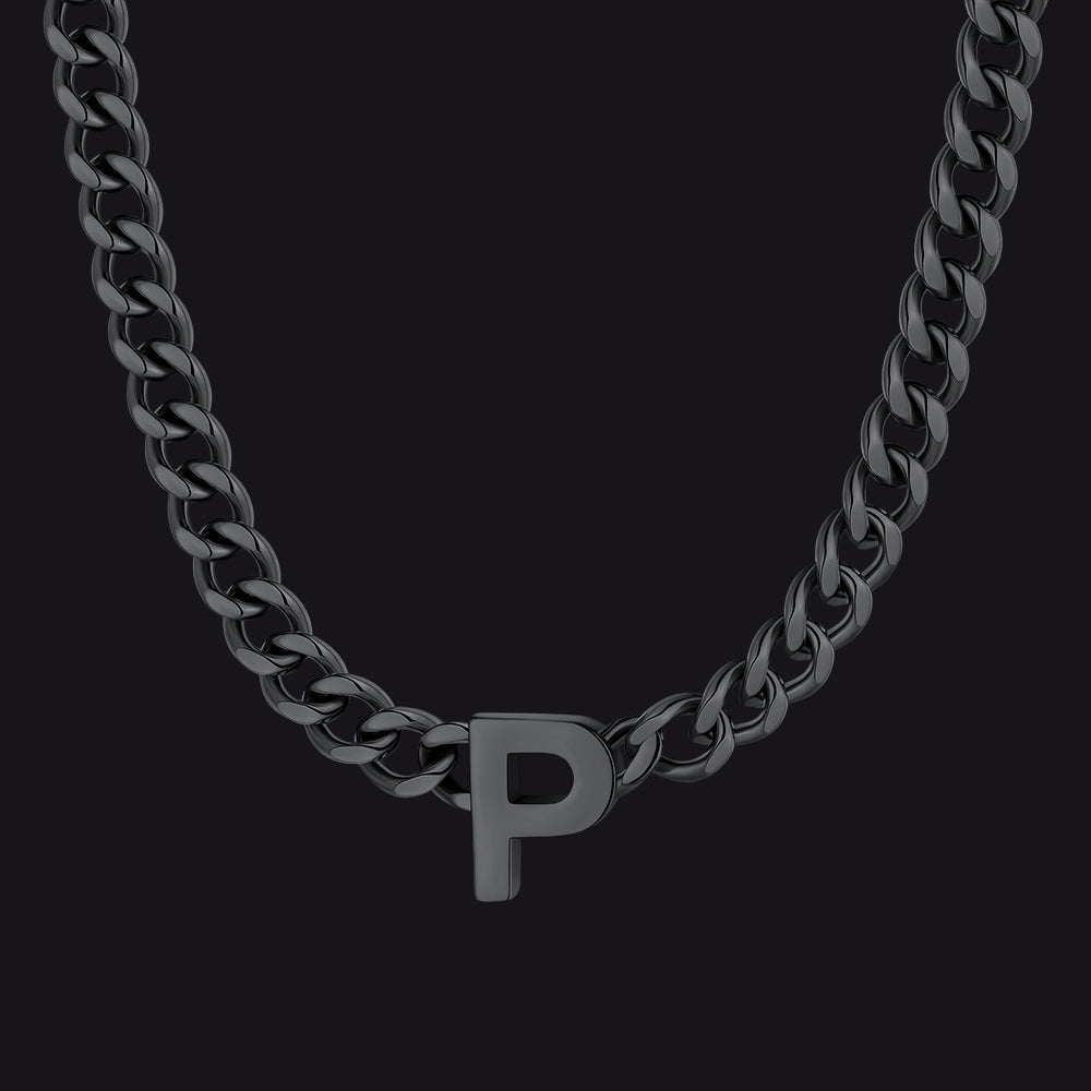 Black Cuban link initial P necklace ¨C bold black P letter pendant