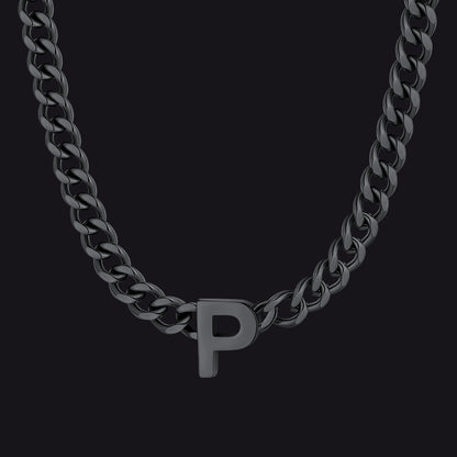 Black Cuban link initial P necklace ¨C bold black P letter pendant