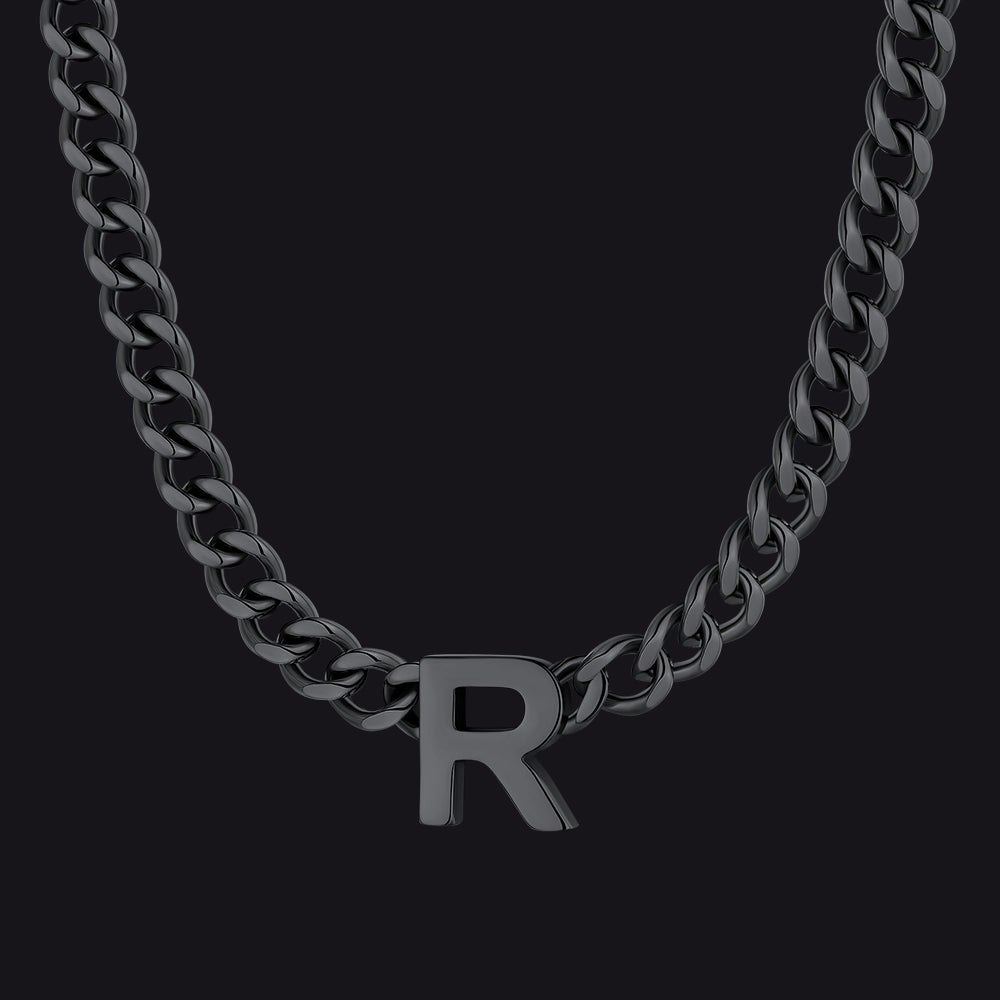 Black Cuban link initial R necklace ¨C black R pendant Cuban necklace