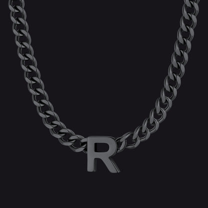 Black Cuban link initial R necklace ¨C black R pendant Cuban necklace