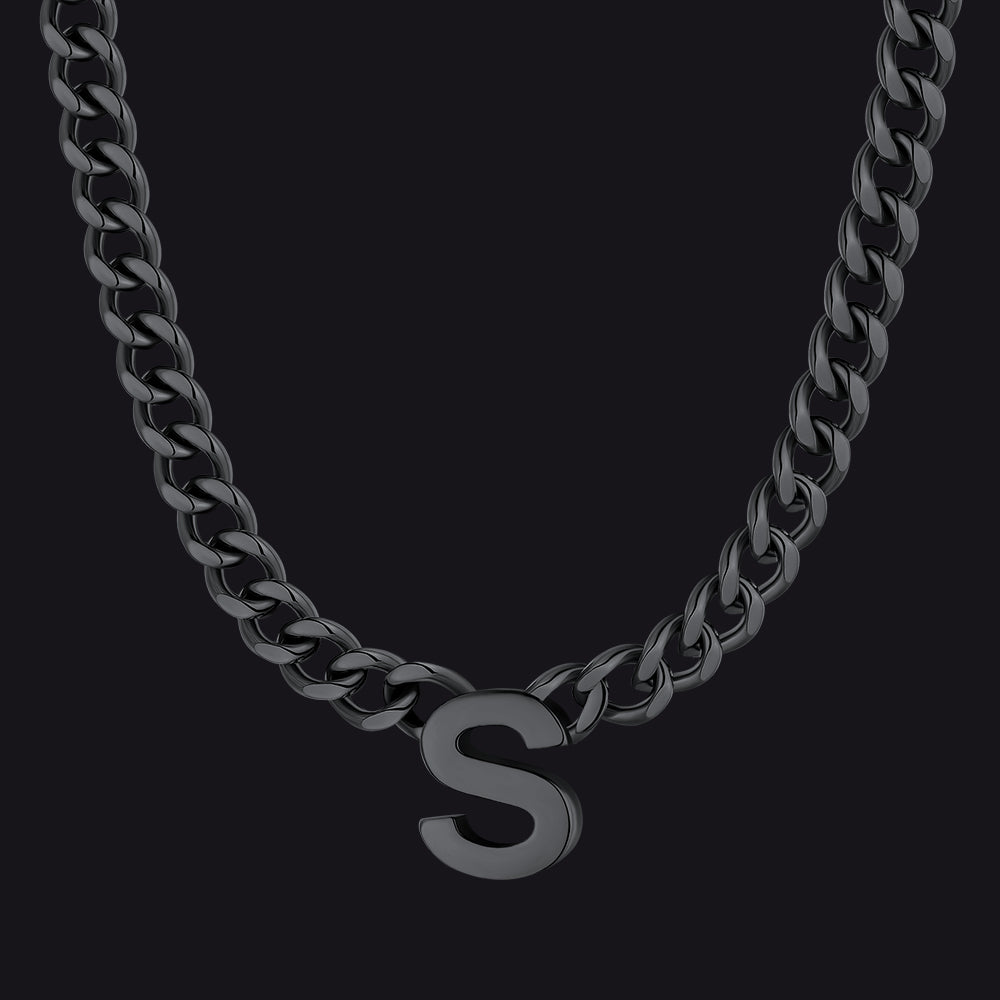 Black Cuban link initial S necklace ¨C S charm necklace in black finish