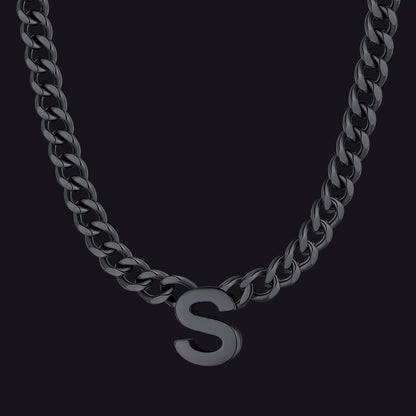 Black Cuban link initial S necklace ¨C S charm necklace in black finish