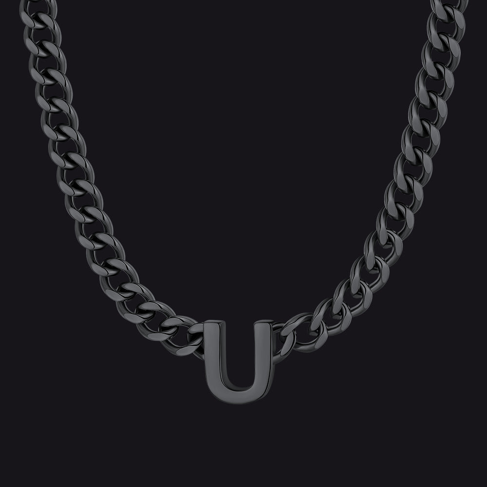 Black Cuban link initial U necklace ¨C chunky black U initial necklace