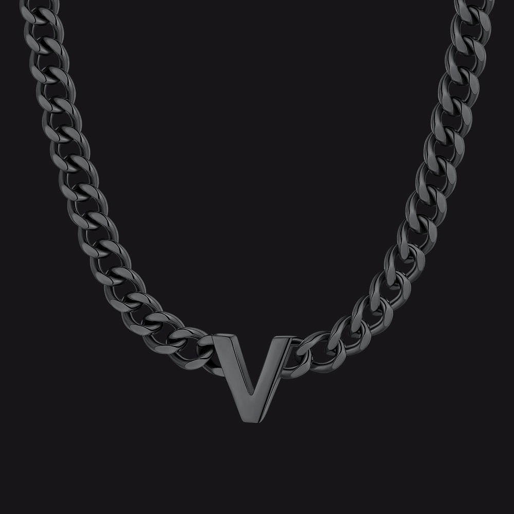 Black Cuban link initial V necklace ¨C V pendant on black Cuban chain