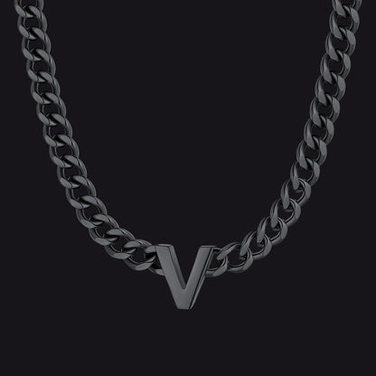 Black Cuban link initial V necklace ¨C V pendant on black Cuban chain