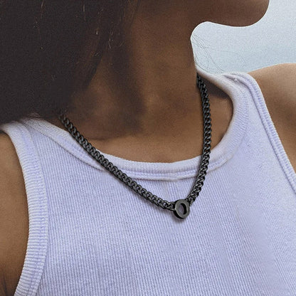 Black Initial Letter Cuban Link Chain Necklace for Women