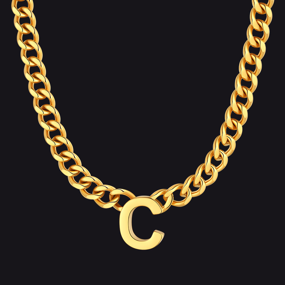 Gold Cuban link initial C necklace ¨C unisex C charm Cuban chain
