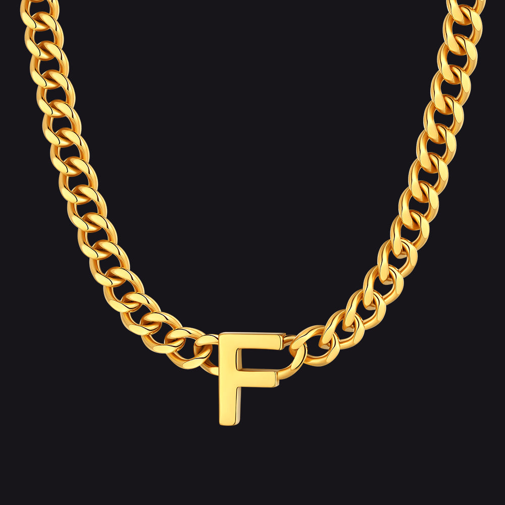 Gold Cuban link initial F necklace ¨C heavy gold F charm necklace