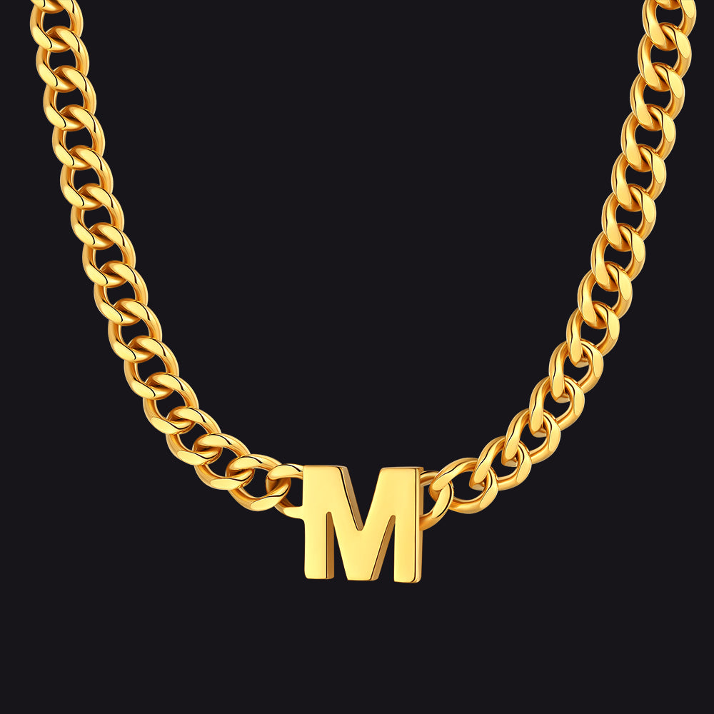 Gold Cuban link initial M necklace ¨C M letter choker for men and women
