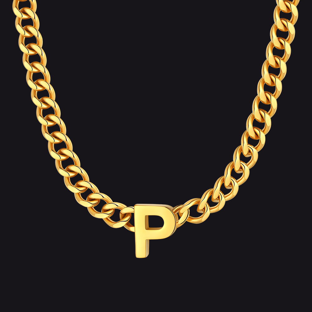 Gold Cuban link initial P necklace ¨C Cuban choker with P letter in gold