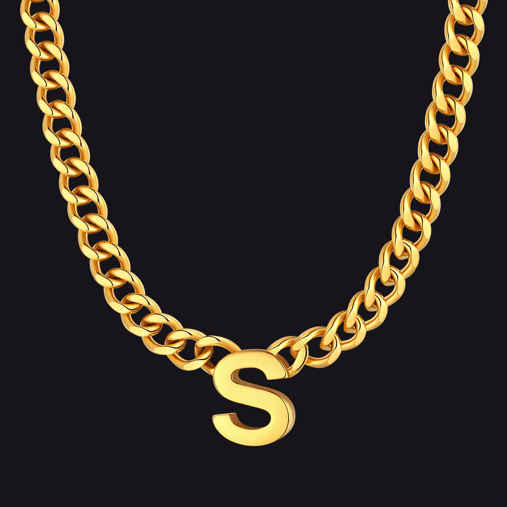 Gold Cuban link initial S necklace ¨C gold S pendant curb chain