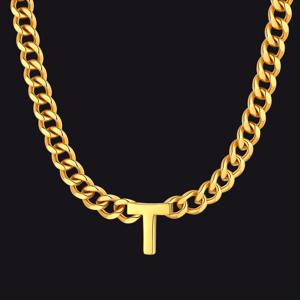 Gold Cuban link initial T necklace ¨C thick gold chain with T letter