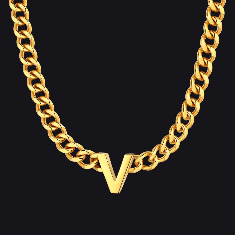 Gold Cuban link initial V necklace ¨C bold V initial on gold Cuban chain