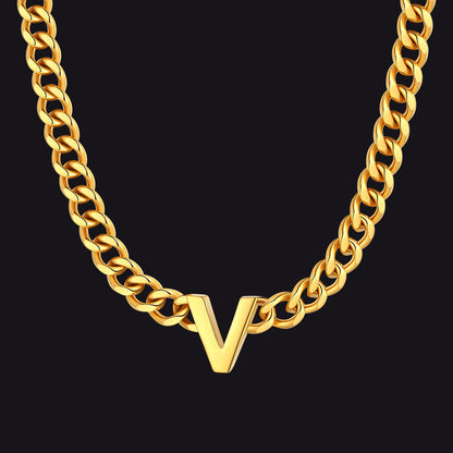 Gold Cuban link initial V necklace ¨C bold V initial on gold Cuban chain