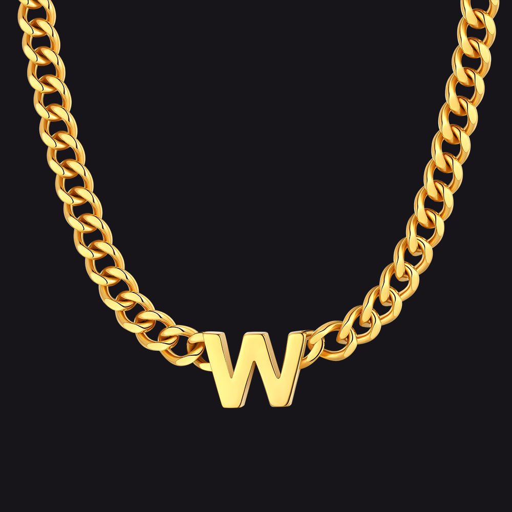 Gold Cuban link initial W necklace ¨C wide gold W pendant chain