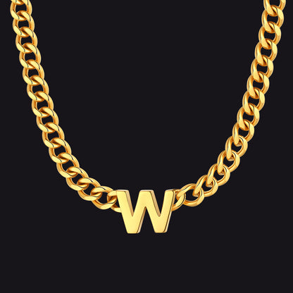 Gold Cuban link initial W necklace ¨C wide gold W pendant chain