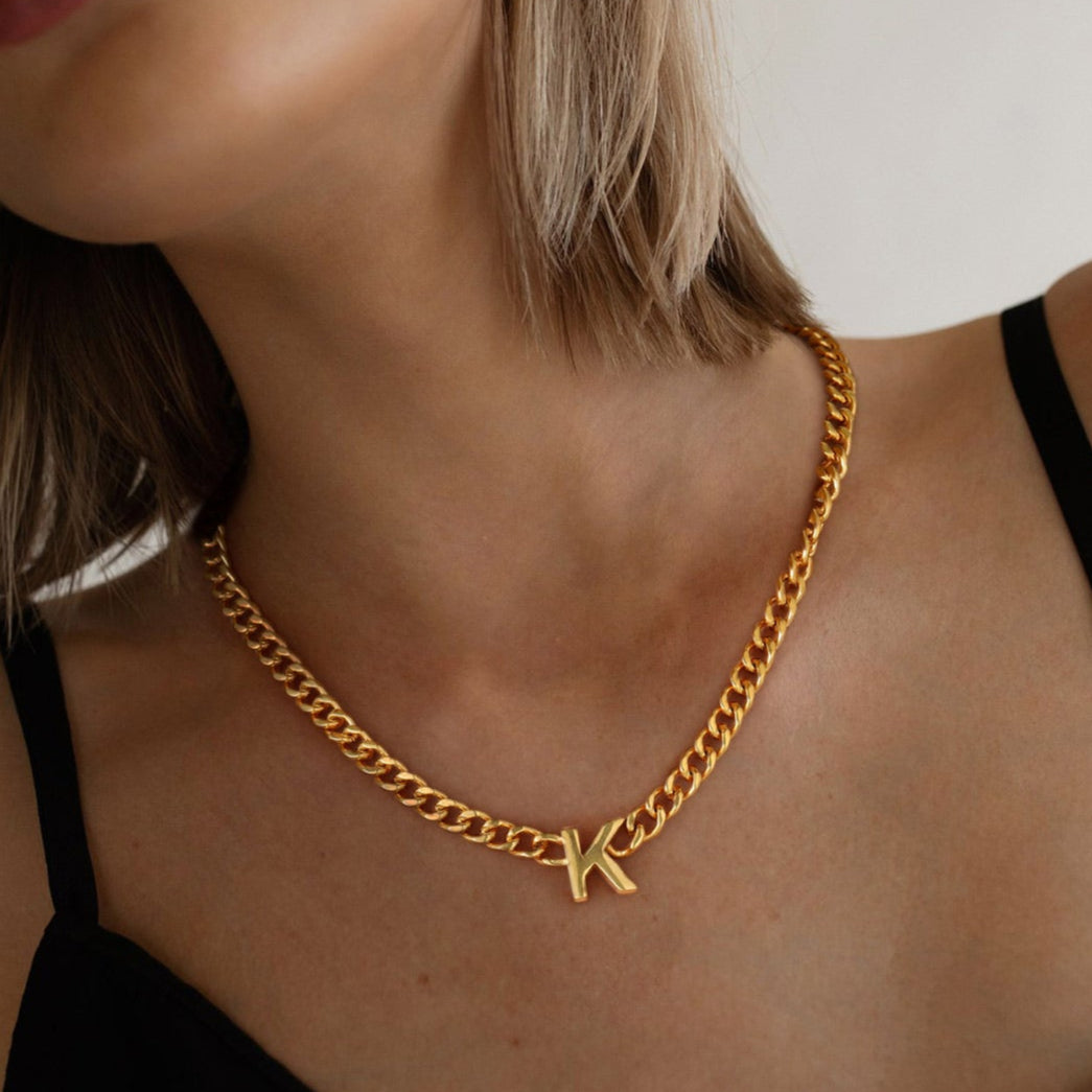 gold initial cuban chain necklace for women