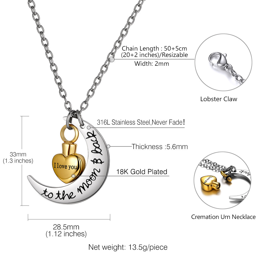   Custom Moon Heart Urn Necklace Cremation Pendant for Ashes