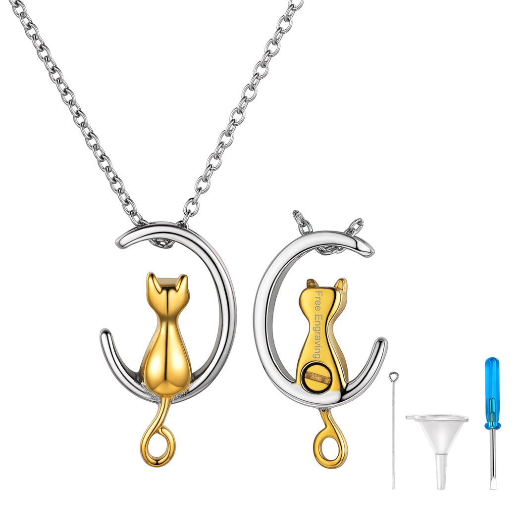 Gold cat urn necklace for ashes with custom engraving, memorial jewelry