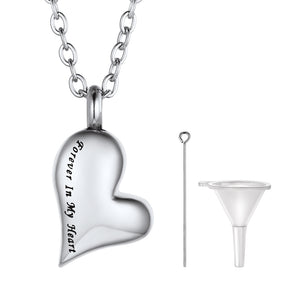 Silver Heart-shaped urn necklace engraved with “Forever in My Heart,” for ashes memorial