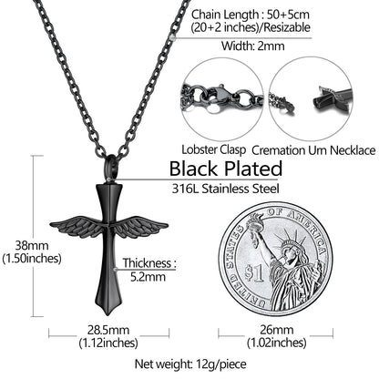 Wings Cross Urn Ashes Pendant Cremation Necklace Size