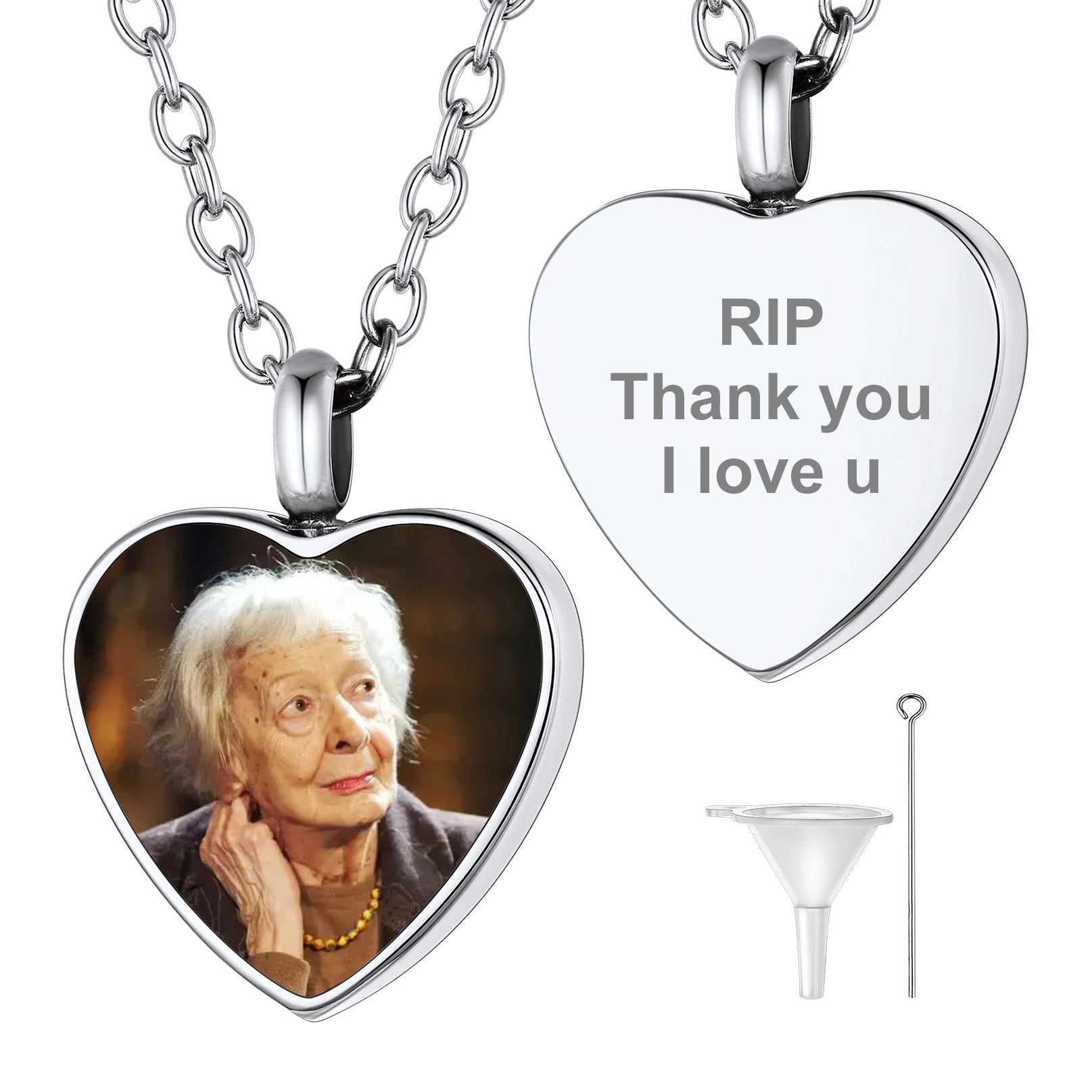 Silver steel heart urn necklace with photo slot, memorial keepsake
