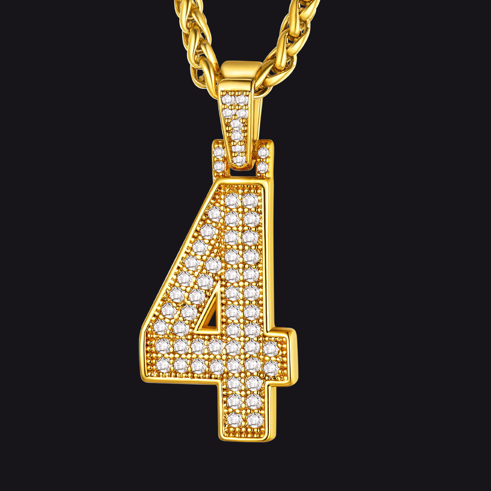 Gold necklace with a '4' pendant on a black background