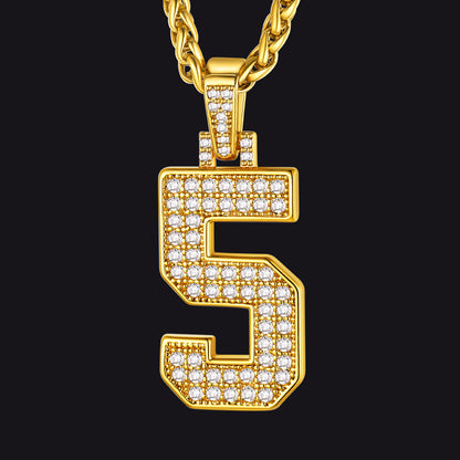 Gold necklace with a diamond-encrusted number '5' pendant on a black background