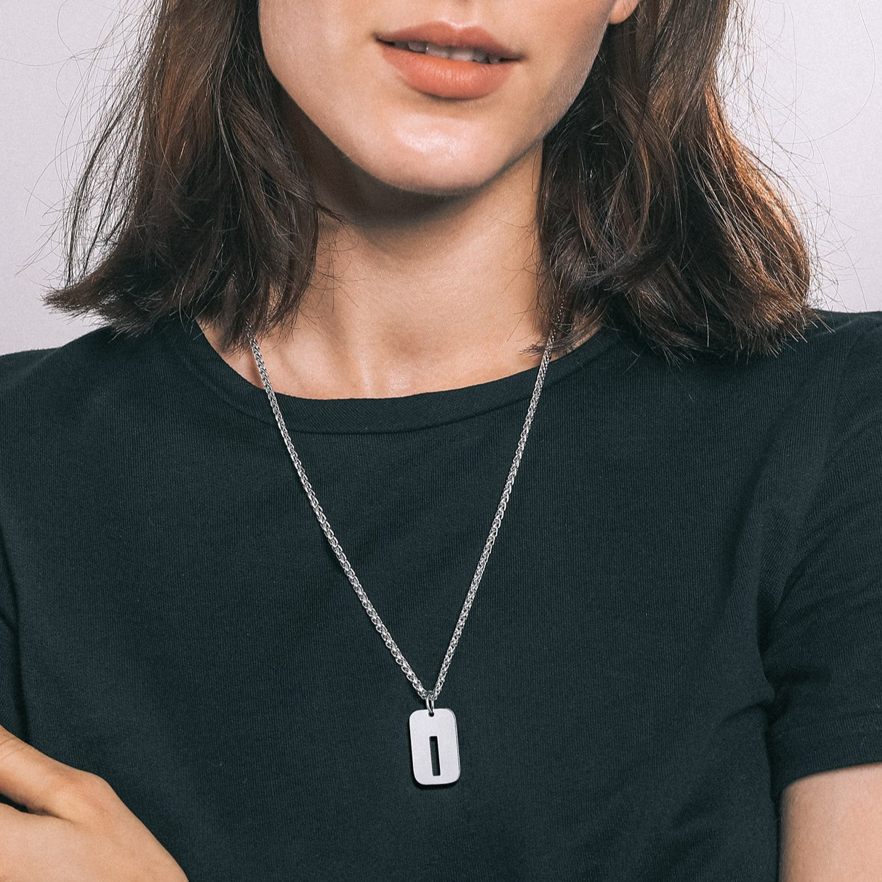 Stainless steel Initial I Dog Tag Pendant Necklace for men and women. Personalized jewelry.