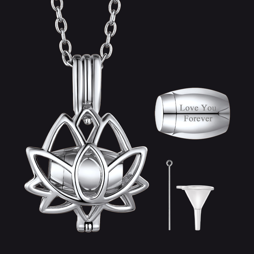 Silver lotus-shaped pendant with chain, small container, funnel, and 'Love You Forever' message on a black background.