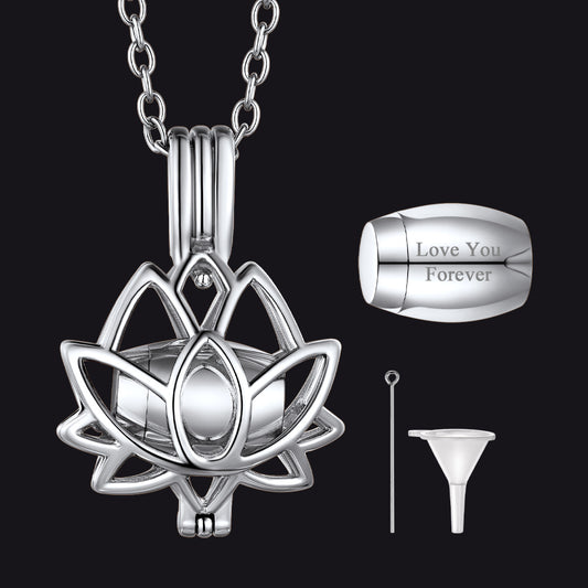 Silver lotus-shaped pendant with chain, small container, funnel, and 'Love You Forever' message on a black background.img