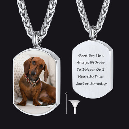Dog tag necklace with a dachshund photo and engraved text on a black background