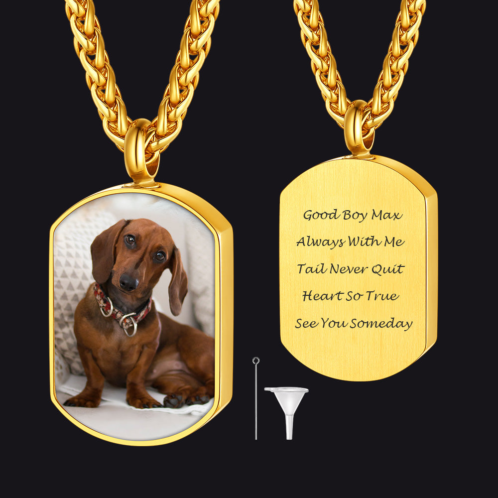 Gold pendant with a dog photo and engraved text on a black background