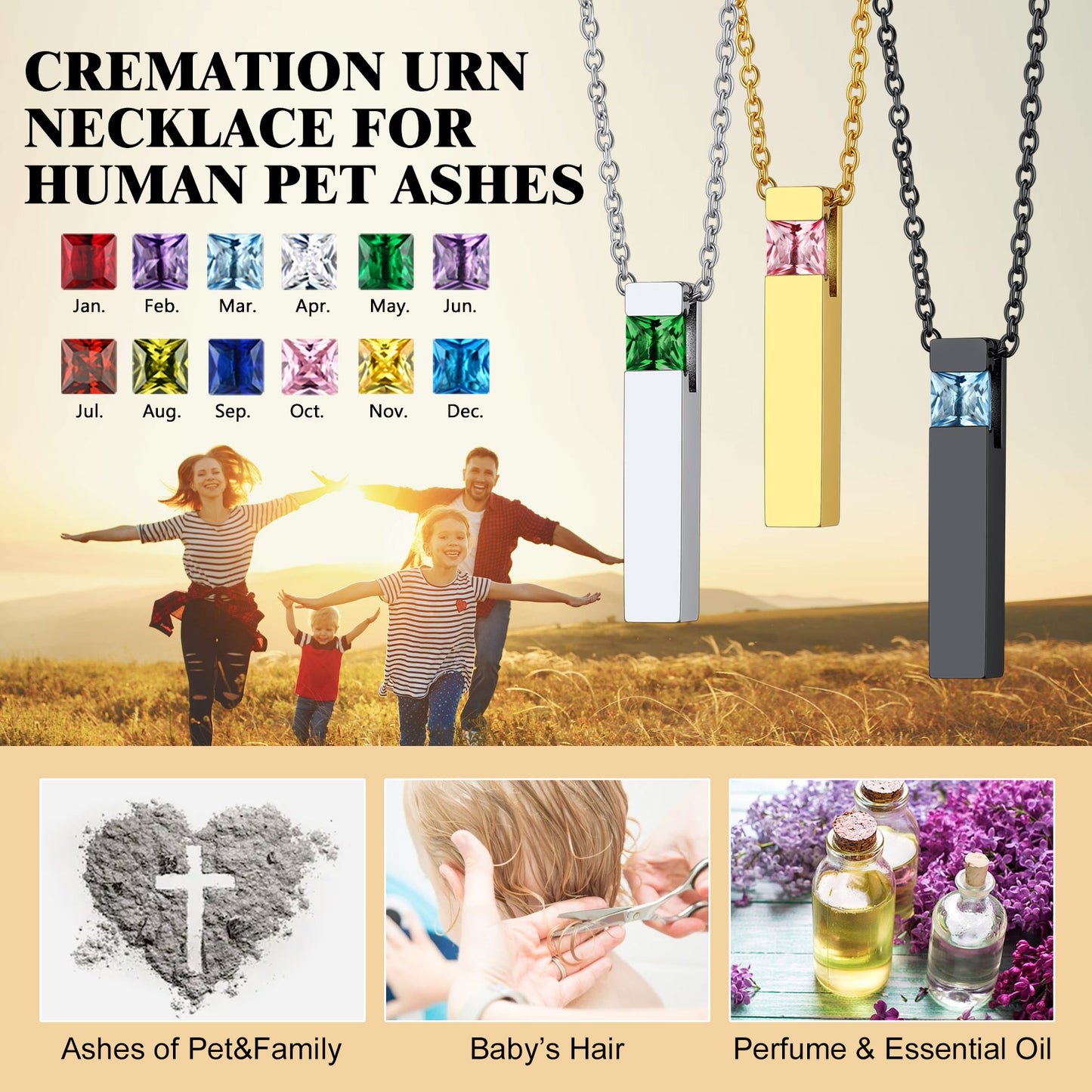 Custom Birthstone Bar Urn Cremation Necklace for Ashes Memorial Keepsakes Pendant