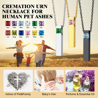 Custom Birthstone Bar Urn Cremation Necklace for Ashes Memorial Keepsakes Pendant