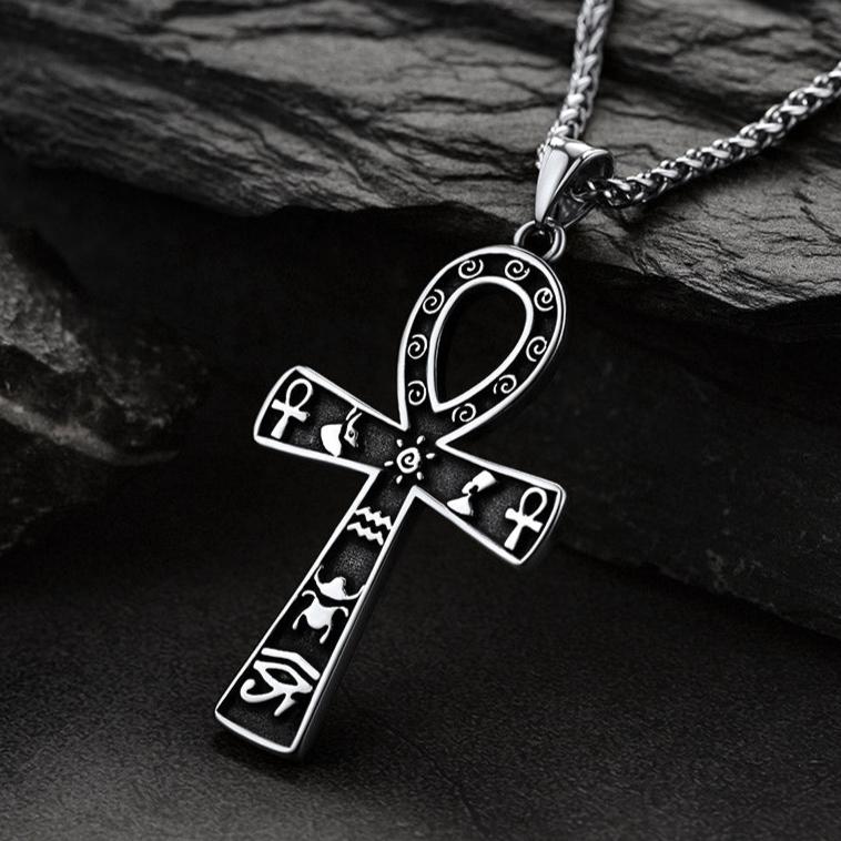 Egyptian Ankh Cross Necklace Pendant With Hieroglyphic For Men