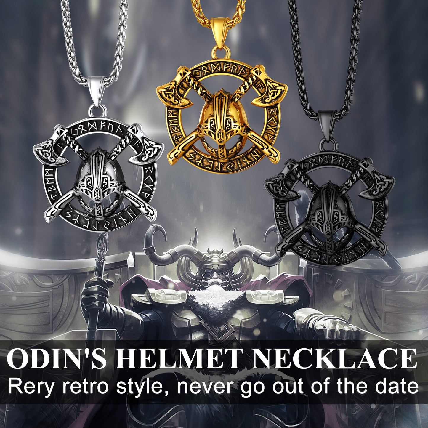 Flash Sale Viking Axe Helmet Pendant Necklace For Men With Runes
