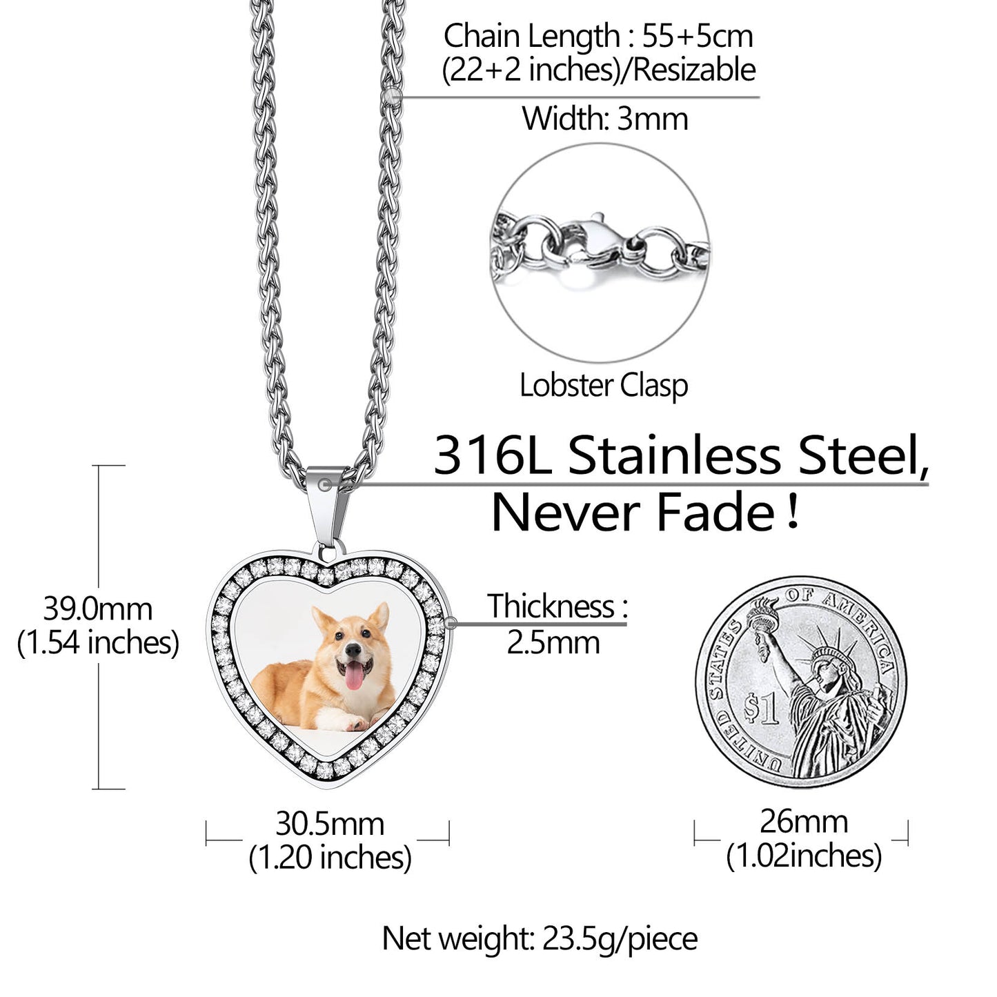 Heart-shaped pendant necklace with a dog's photo, featuring measurements and material details on a white background.