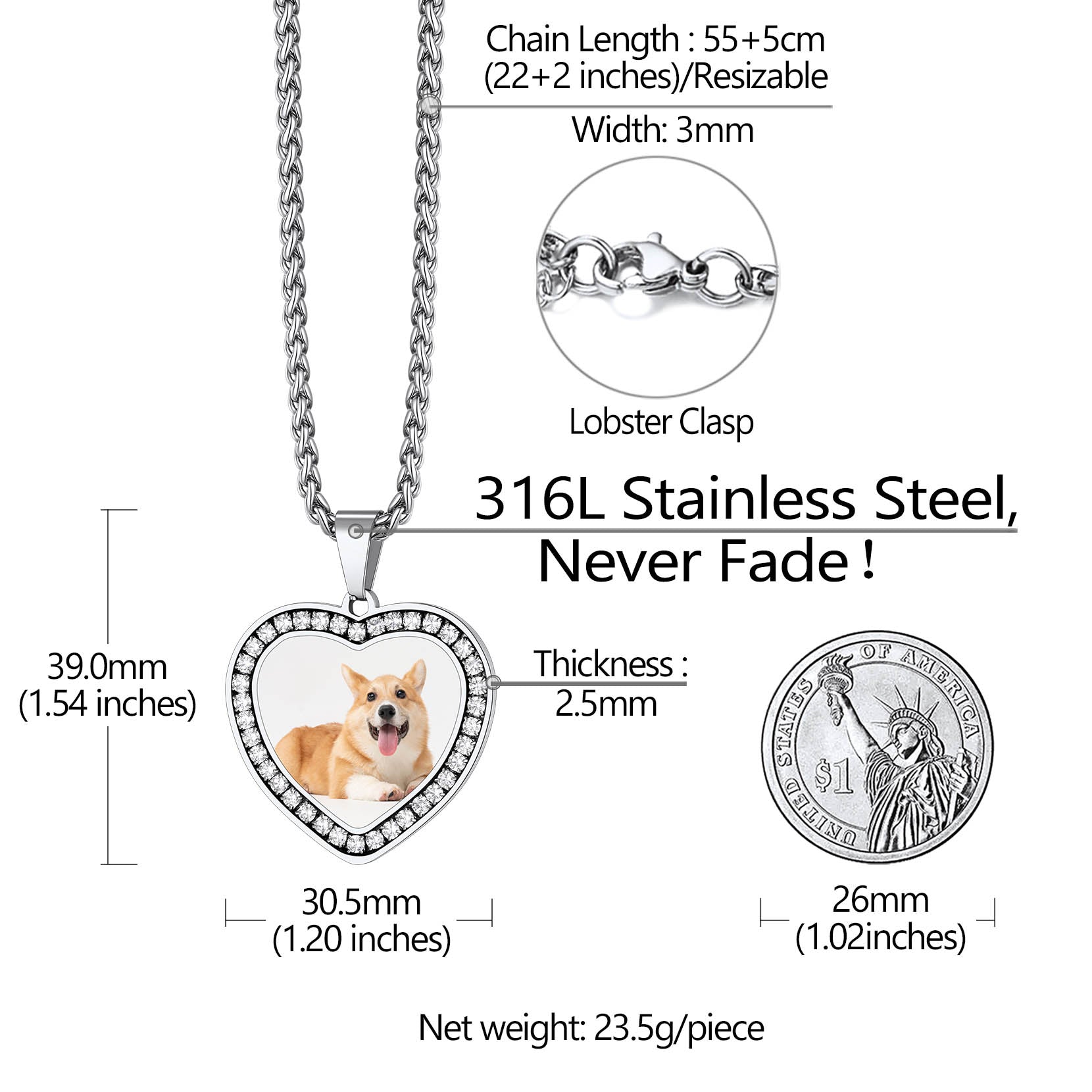 Heart-shaped pendant necklace with a dog's photo, featuring measurements and material details on a white background.