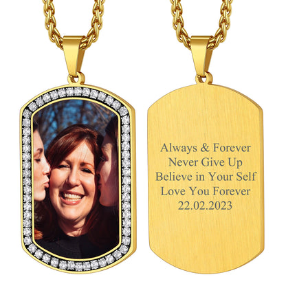 Customized Picture Dog Tag Necklace with Cubic Zirconia Memorial Gift for Men Women