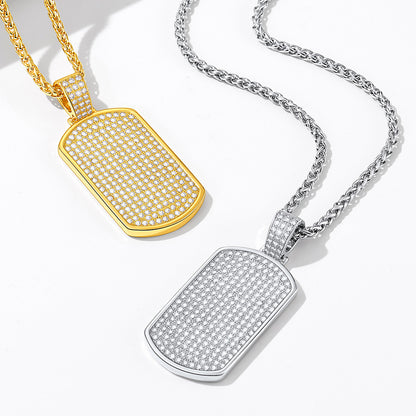  Stainless Steel Diamond Dog Tag Pendant Necklace for Men