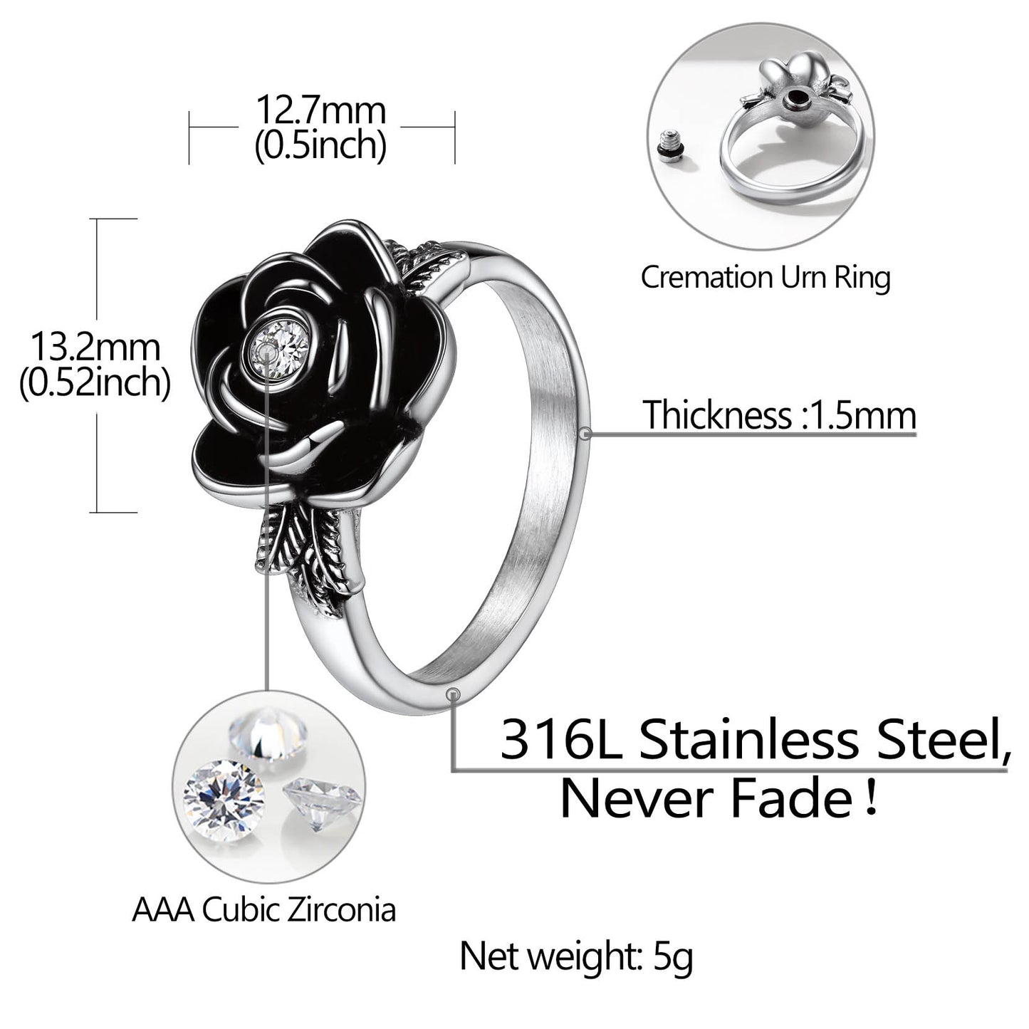  Personalized Cremation Rose Urn Ashes Ring with Birthstone for Women