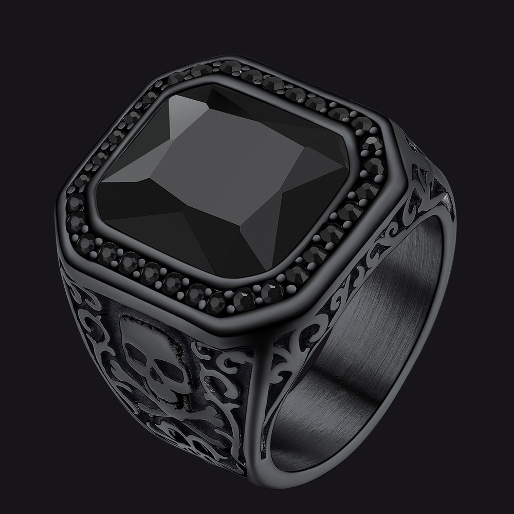 Skull Black Onyx Stone Signet Ring with Custom for Men