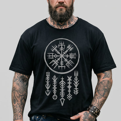 Man wearing a black t-shirt with a white viking symbol design on a gray background