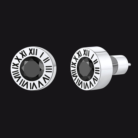 Stainless Steel Roman Numerals Birthstone Studs Earrings for Men FaithHeart Jewelry