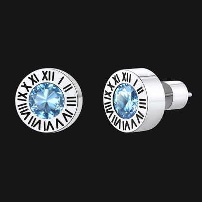 Stainless Steel Roman Numerals Birthstone Studs Earrings for Men FaithHeart Jewelry