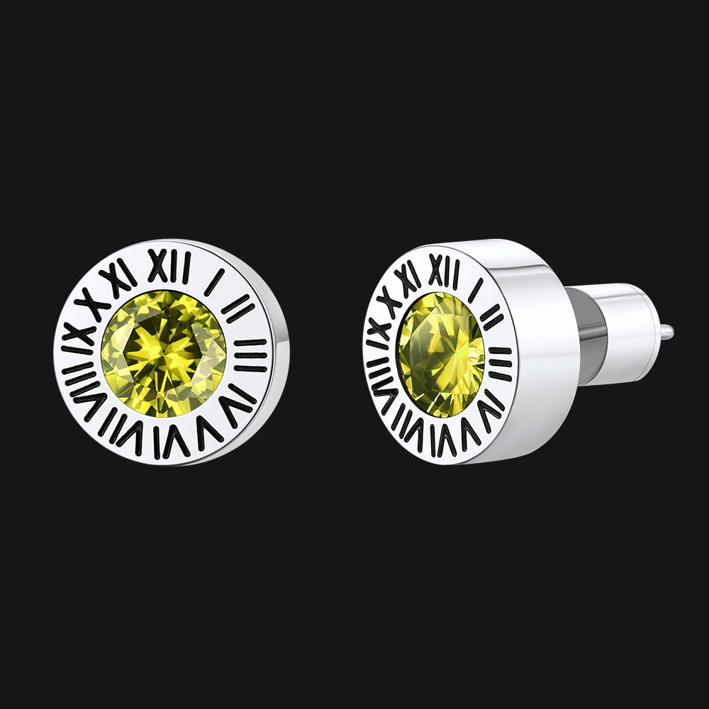 Stainless Steel Roman Numerals Birthstone Studs Earrings for Men FaithHeart Jewelry