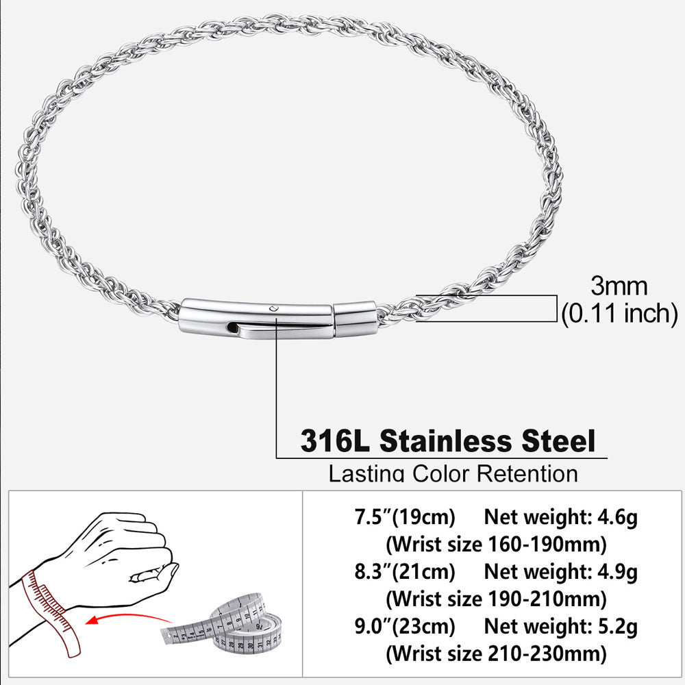 Rope Chain Link Bracelet for Men, 2mm / 3mm / 4mm / 5mm Width
