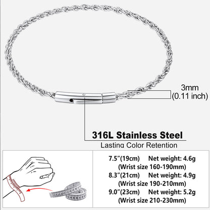 Rope Chain Link Bracelet for Men, 2mm / 3mm / 4mm / 5mm Width