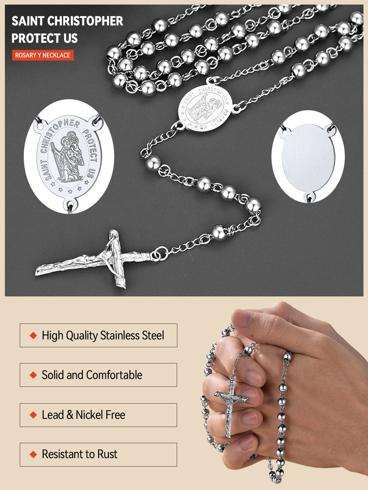 Christian Rosary Bead Cross Necklace for Women Men